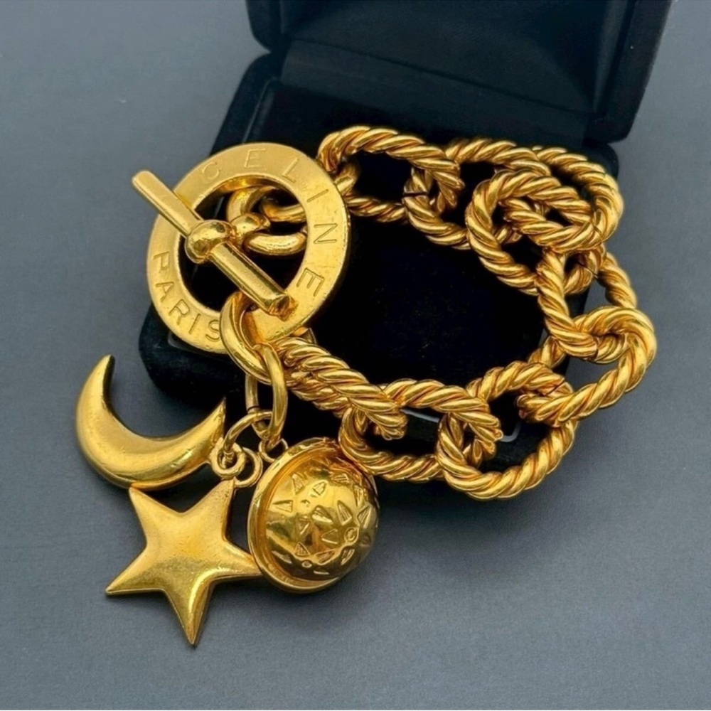 Celine Vintage Gold Tone Charm Bracelet Moon Star Toggle Rope Chain ✨Super Rare✨